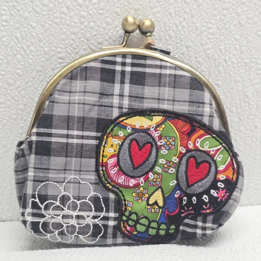 Karma Black Plaid Multicolor Embroidered Sugar Skull Clasp Purse Clutch NWT